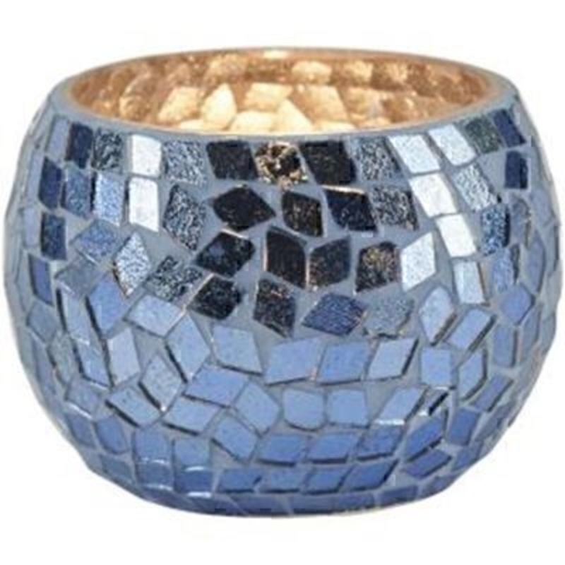 Azure Blue Mosaic Tealight Holder by Transomnia. Beautiful blue mirrored mosaic tea light holder with a gold interior. Size: 6.5 x 8 x 8cm
